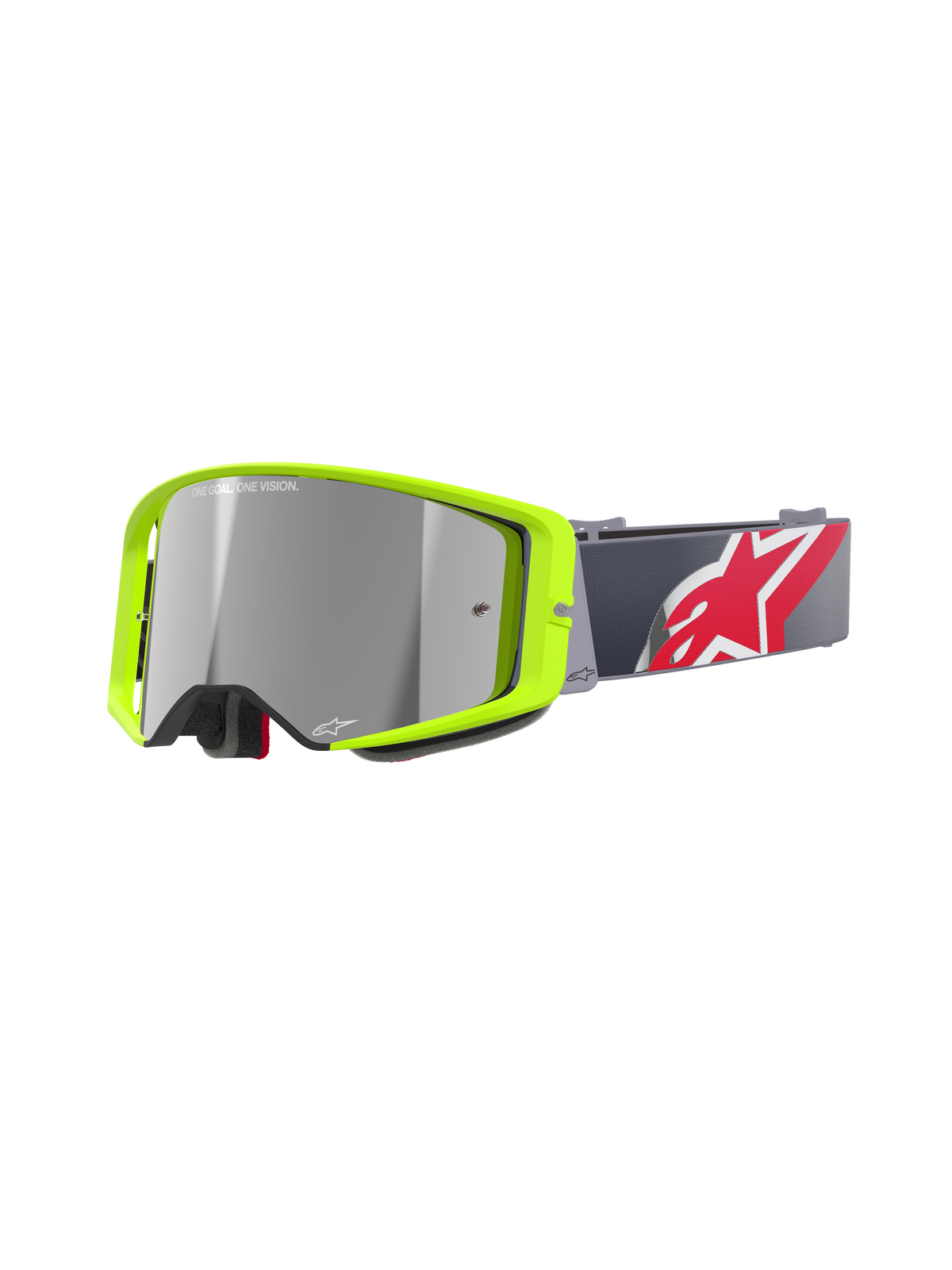 Alpinestars Supertech Corp Goggles Absolute Vision, gafas de motocross MX, montura amarillo flúor brillante con lente de espejo plateada, correa gris con un gran logotipo de estrella en rojo y blanco, con la inscripción 'ONE GOAL. ONE VISION.' en la lente, diseño duradero para carreras todoterreno