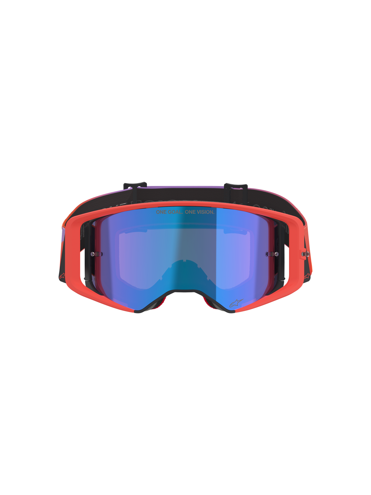 Gafas Alpinestars Supertech Vision Corp, gafas de motocross, montura Hot Coral con lente de espejo azul, correa con degradado púrpura y naranja, incluye el texto 'ONE GOAL. ONE VISION.', protección ocular de alto rendimiento para carreras off-road