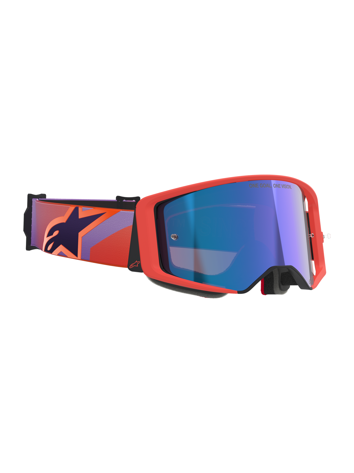 Gafas Alpinestars Supertech Vision Corp, gafas de motocross, montura en color Hot Coral y lente Mirror Blue, con una correa con estampado en púrpura y coral y logotipo de estrella en azul oscuro, diseño probado en campeonatos para carreras off-road