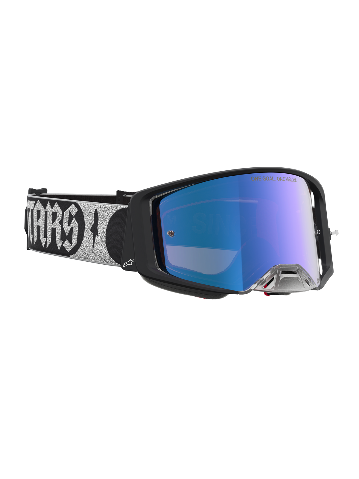 Gafas Alpinestars Supertech Atrox de motocross, montura negra, lente de espejo azul y correa ajustable plateada