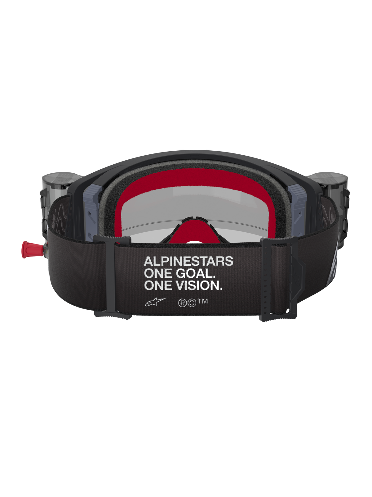 Alpinestars Supertech Corp Goggles Roll Off, Black and Grey with Red accents, rear view showing wide strap with 'ALPINESTARS ONE GOAL. ONE VISION.' white text, integrated roll-off canisters on sides, and red multi-layer face foam, professional motocross eye protection