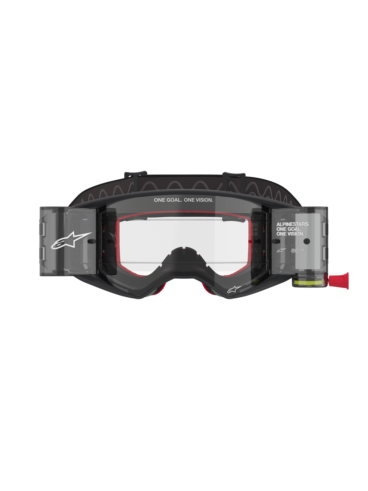 Alpinestars Supertech Corp Goggles Roll Off, Motocross and MTB Goggles, Black and Grey with Red interior foam, Clear Lens featuring Wide Vision Roll-Off system, "ONE GOAL. ONE VISION." branding, technical off-road eye protection with modern angular design