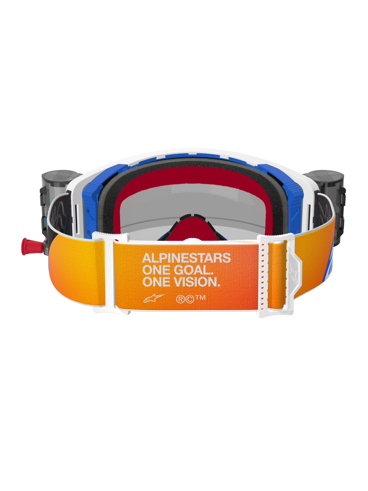 Alpinestars Supertech Corp Goggles Roll Off, rear view, orange and yellow gradient strap featuring white 'Alpinestars One Goal. One Vision.' text, blue and white frame components with black 3D molded face foam, integrated roll-off system canisters visible on sides