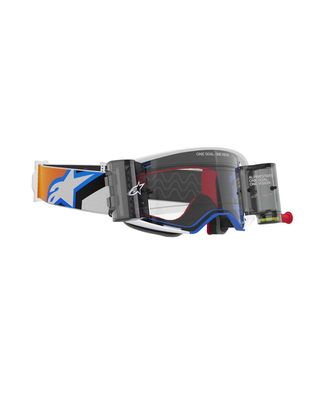 Alpinestars Supertech Corp Goggles Roll Off, Blue and Orange colorway, clear injection-molded lens with Wide Vision Roll-Off system, wavy silicone glide lines, adjustable elastic strap with bold Alpinestars logo, high-performance motocross eyewear