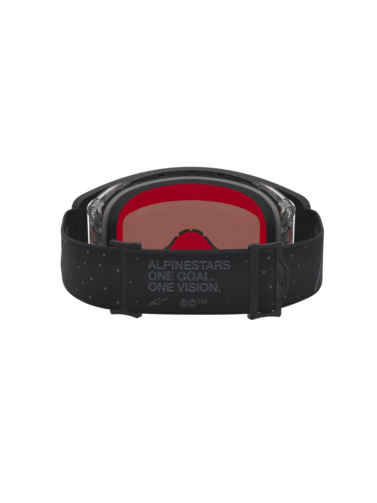 Gafas Alpinestars Supertech Cloak para motocross, negras y plateadas espejadas, con espuma roja y correa One Goal One Vision.