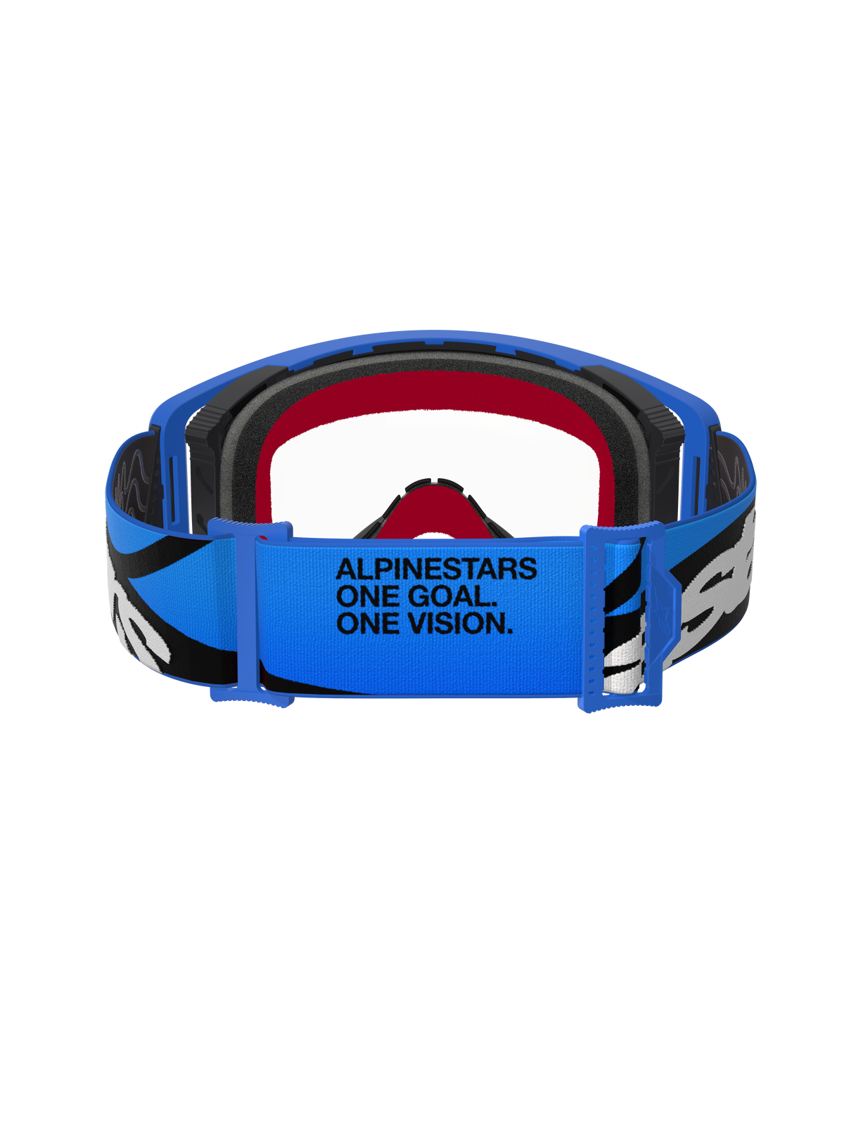 Gafas Alpinestars Supertech Stream, gafas de motocross, azul y transparente, vista trasera de la correa azul con el texto "ALPINESTARS ONE GOAL. ONE VISION.", gráficos en blanco y negro y forro de espuma rojo y negro