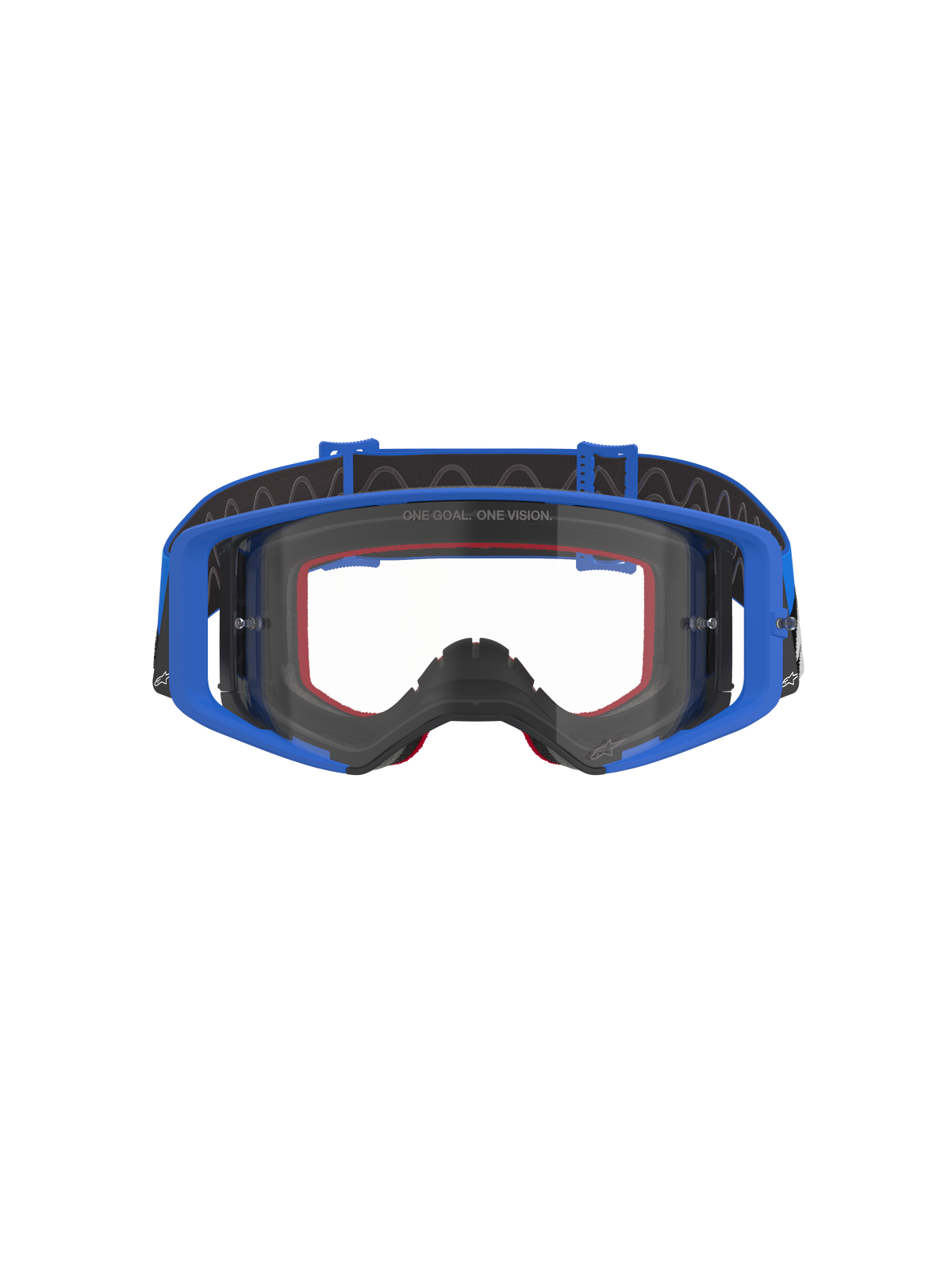 Gafas Alpinestars Supertech Stream, gafas de motocross y off-road, azul con lente transparente, montura azul, acolchado de espuma roja y correa ajustable negra con agarre interno de silicona, marca "ONE GOAL. ONE VISION." en la lente, protección ocular de alto rendimiento para competición.