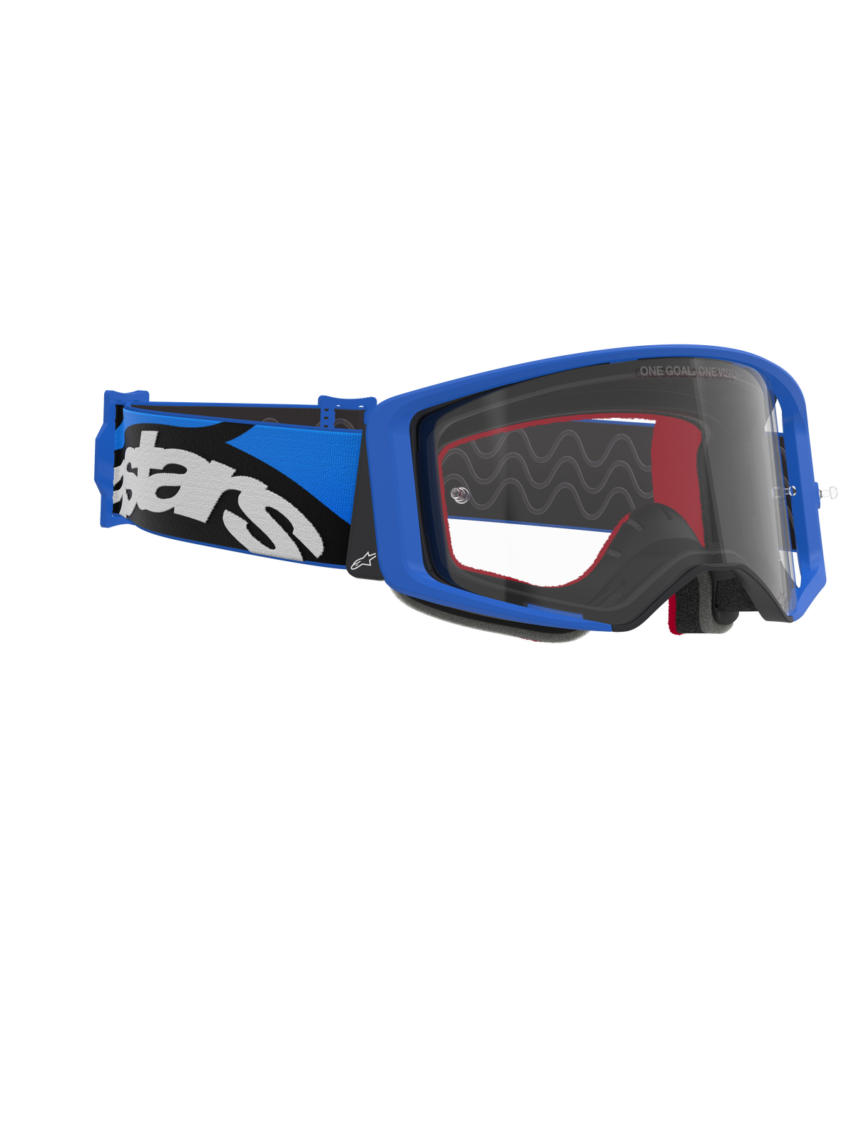 Gafas Alpinestars Supertech Stream, gafas de motocross, montura azul y lente transparente, correa azul y negra con el logotipo de Alpinestars en blanco, gafas de alto rendimiento para carreras