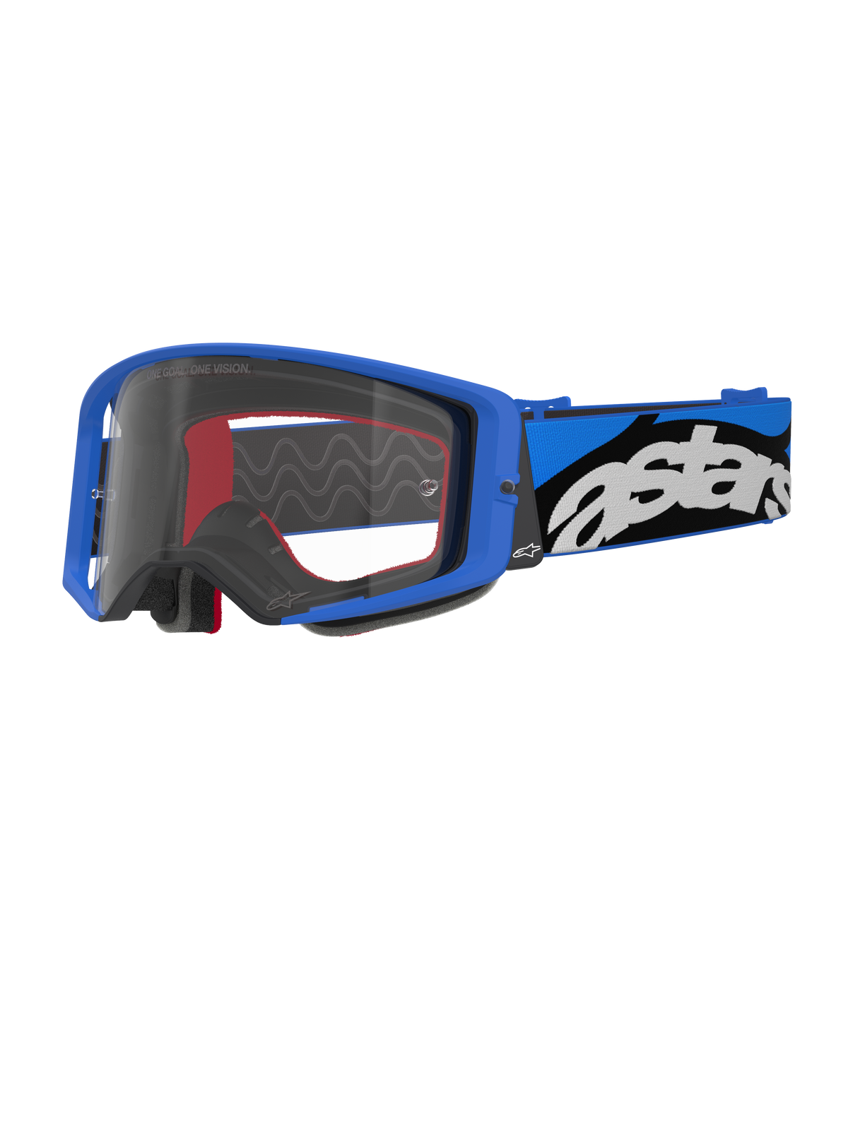 Gafas Alpinestars Supertech Stream, gafas de motocross, azul y transparente, montura azul brillante con lente transparente, correa ajustable ancha azul y negra con un llamativo logotipo 'astars' blanco, detalles de espuma interior en rojo, gafas profesionales para carreras de motocross y off-road