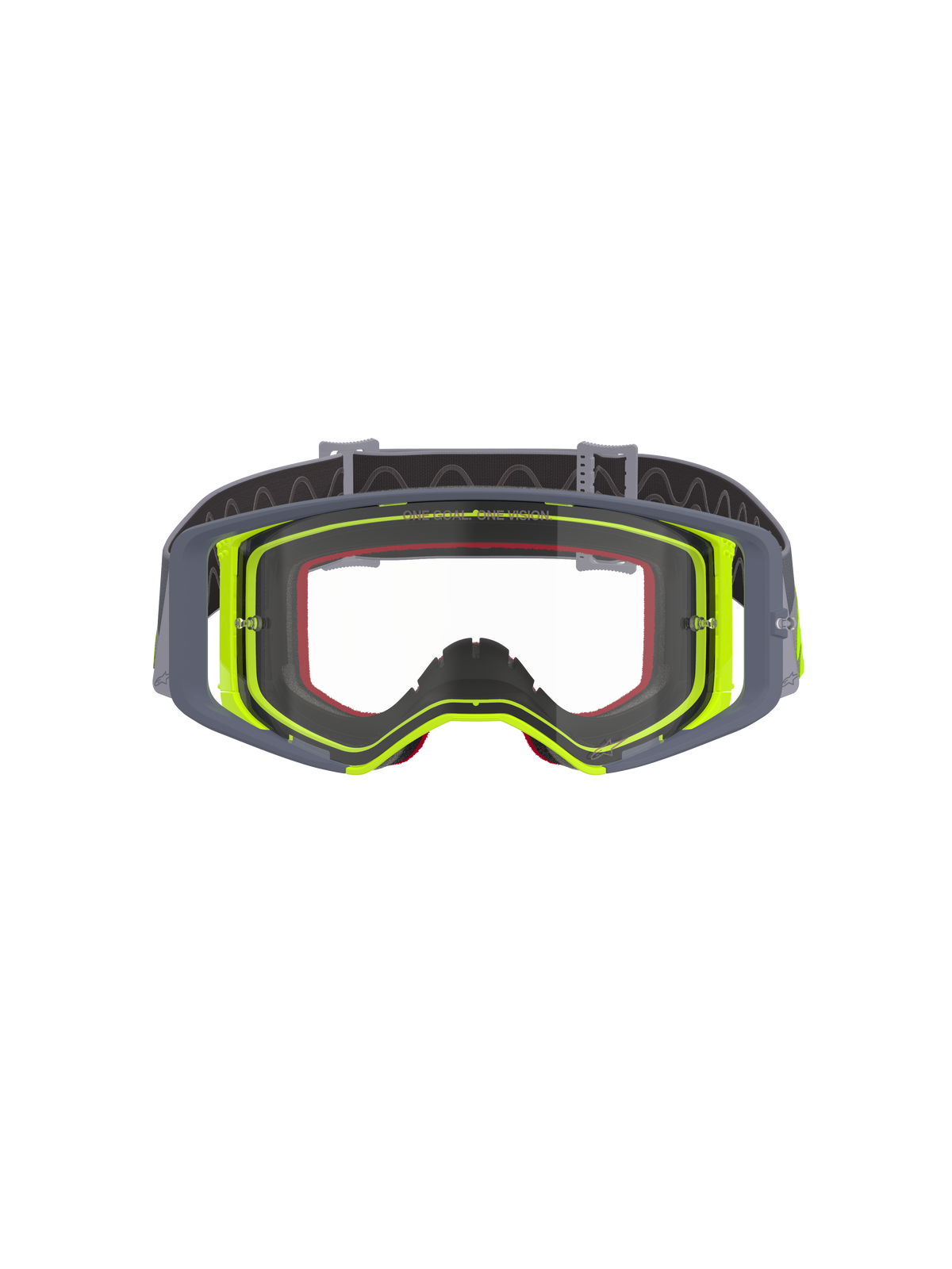 Alpinestars Supertech Stream Goggles, Motocross Goggles, Gray and Fluorescent Yellow frame with Clear lens, front view showing the wide vision design and technical frame construction, off-road racing eye protection