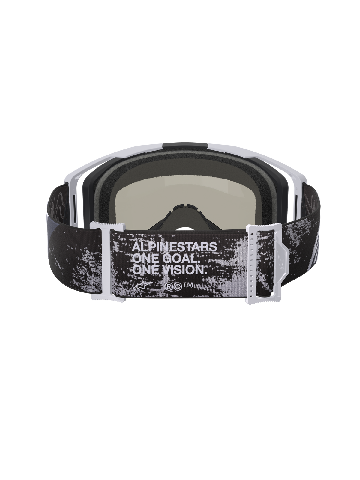 Gafas Alpinestars Vision 8 Lahnd, gafas de motocross, Iron Camo y Mirror Silver, vista posterior que muestra la correa ajustable con el texto 'ONE GOAL. ONE VISION.', patrón de camuflaje con detalles del marco en blanco y gris