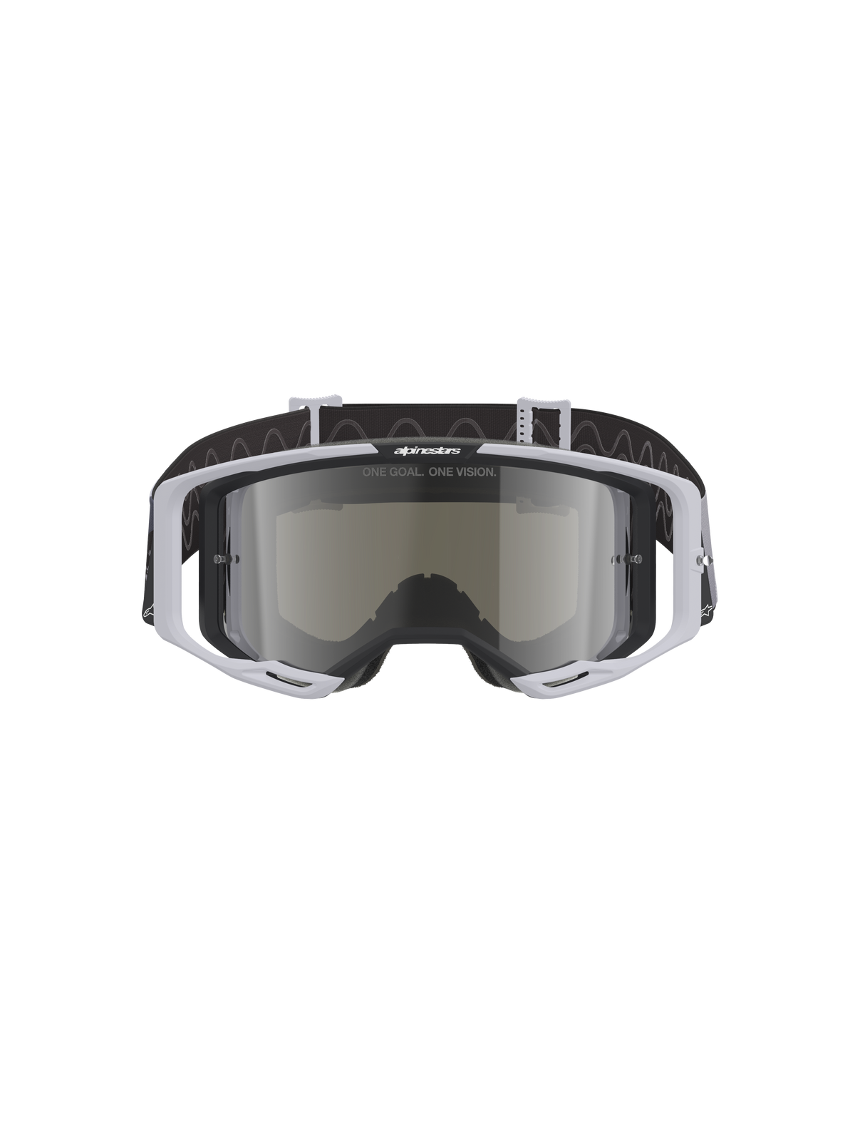 Gafas Alpinestars Vision 8 Lahnd, gafas de motocross, Iron Camo Mirror Silver, montura gris claro con lente plateada espejada, correa negra con patrón ondulado, protección ocular profesional para carreras de motocross y off-road