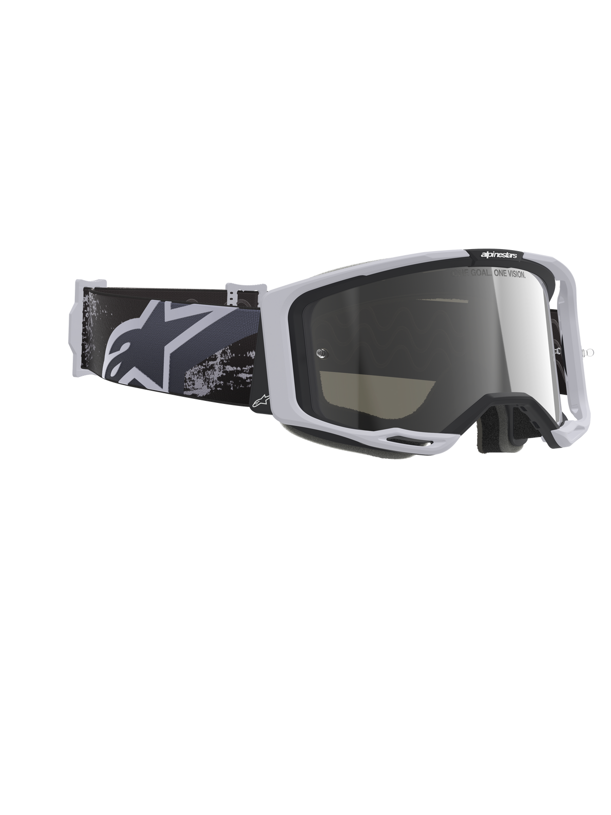 Gafas Alpinestars Vision 8 Lahnd, gafas de motocross, Iron Camo Mirror Silver, montura gris claro con lente plata espejo, correa de camuflaje negro y gris con logotipo de Alpinestars blanco, protección ocular todoterreno de alto rendimiento
