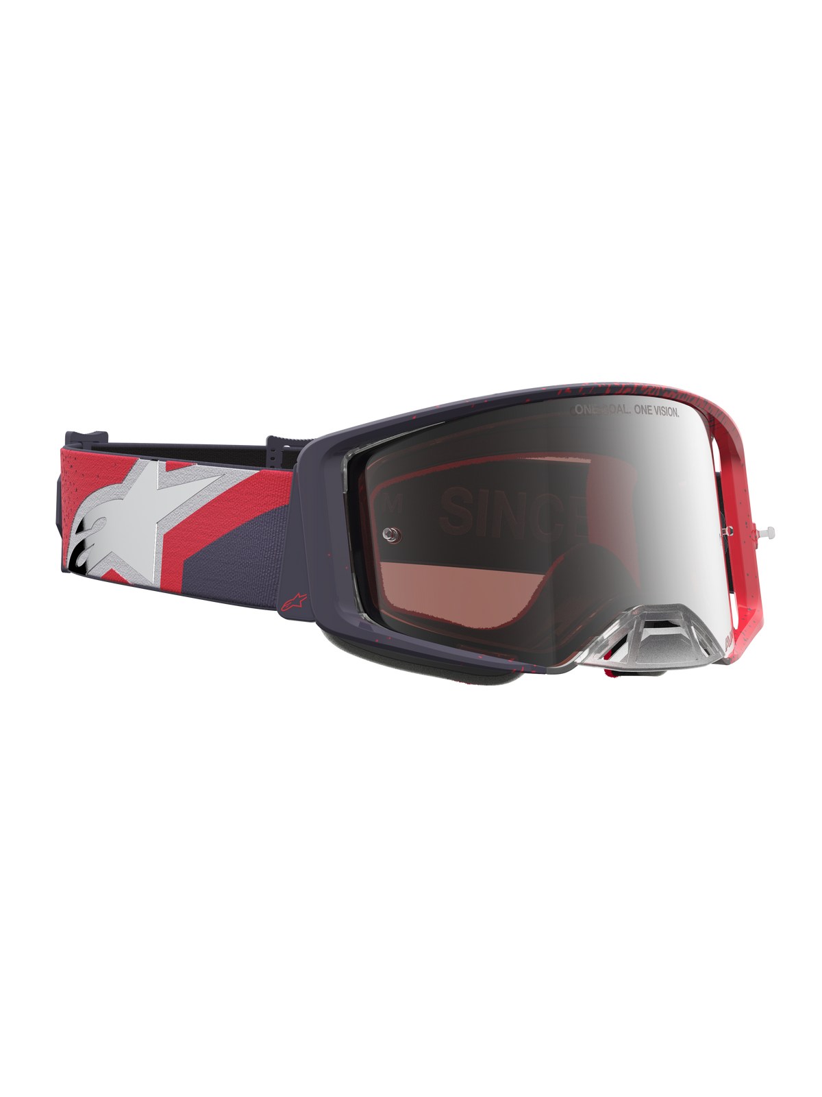 Alpinestars Supertech Hiten Motocross Goggles, black and red frame with a silver mirror lens and adjustable graphic strap.