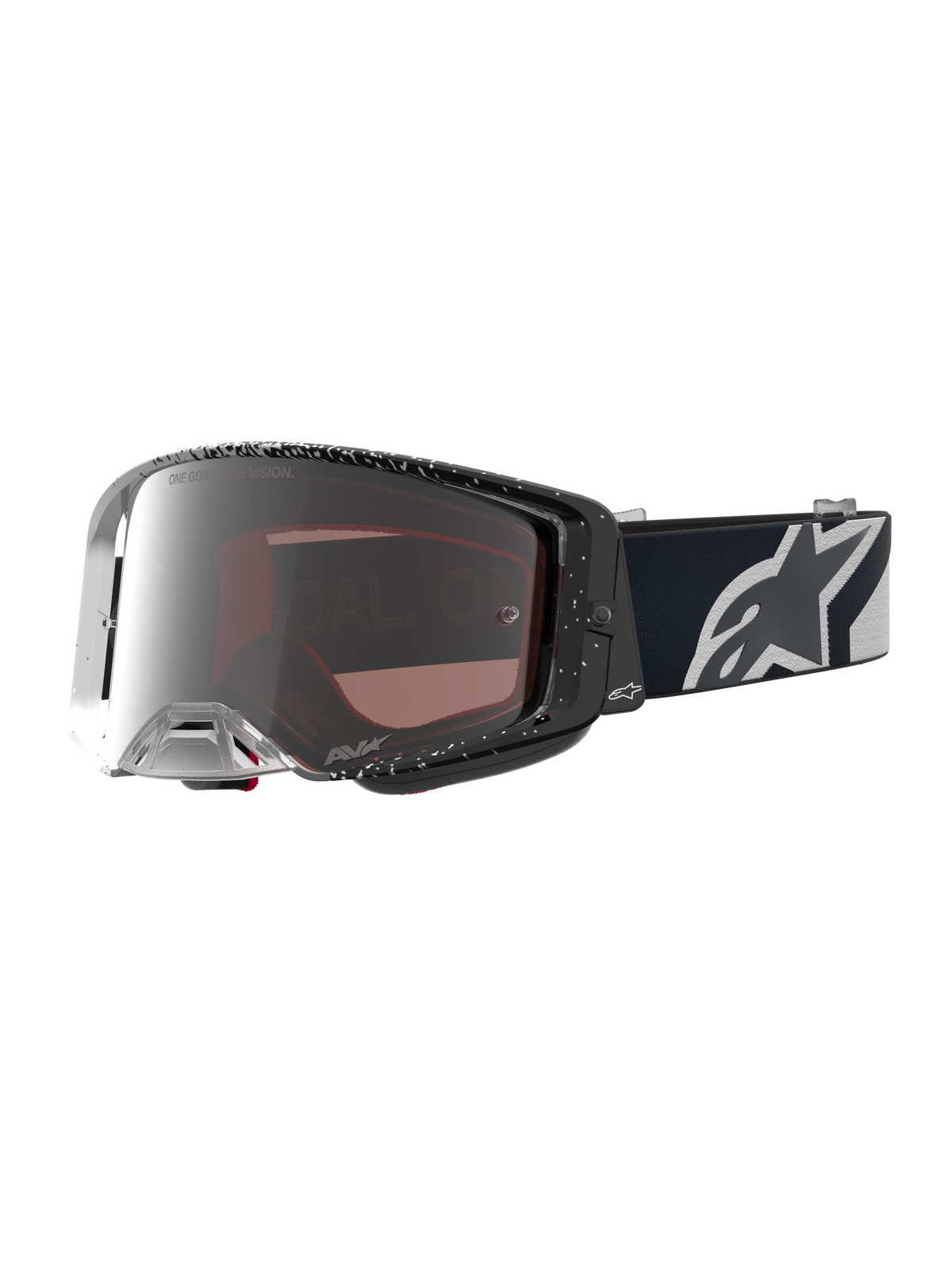 Alpinestars Supertech Hiten Goggles for motocross racing, black and white with a silver mirror lens and wide peripheral vision.