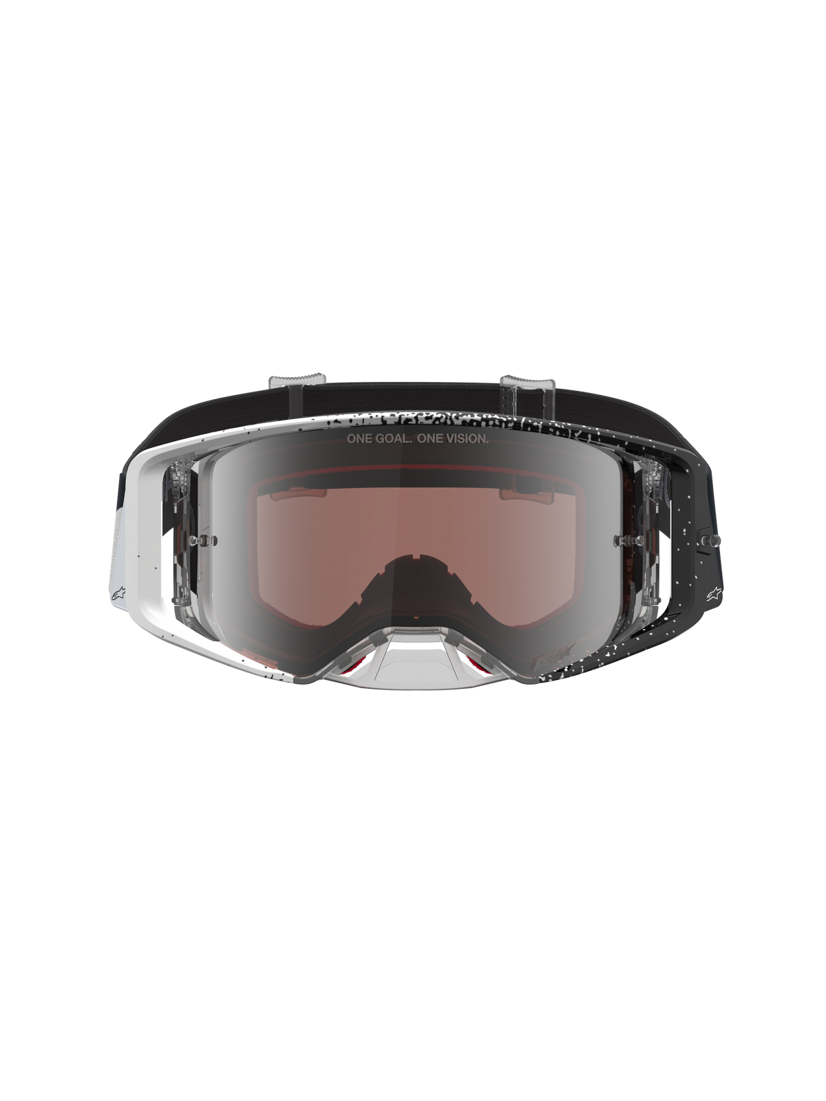 Alpinestars Supertech Hiten Goggles, motocross goggles with a white and black speckled frame and mirror silver lens.