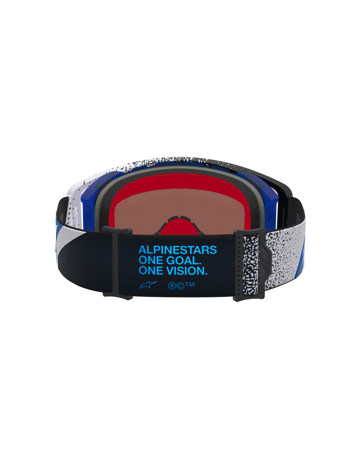 Alpinestars Supertech Hiten Motocross Goggles, unisex, black and blue, rear view of strap with brand motto and logo.