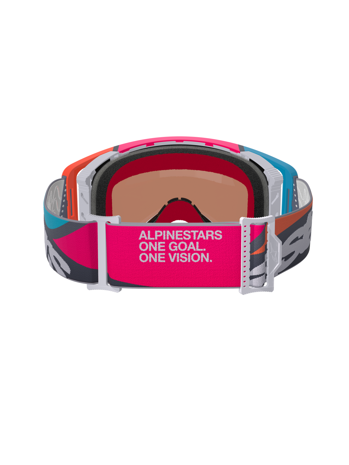Gafas Alpinestars Supertech Stream, vista posterior que muestra una correa ancha en rosa y gris con el lema 'ALPINESTARS ONE GOAL. ONE VISION.', montura multicolor en naranja y azul, espuma facial moldeada en 3D, gafas profesionales para motocross y todo terreno