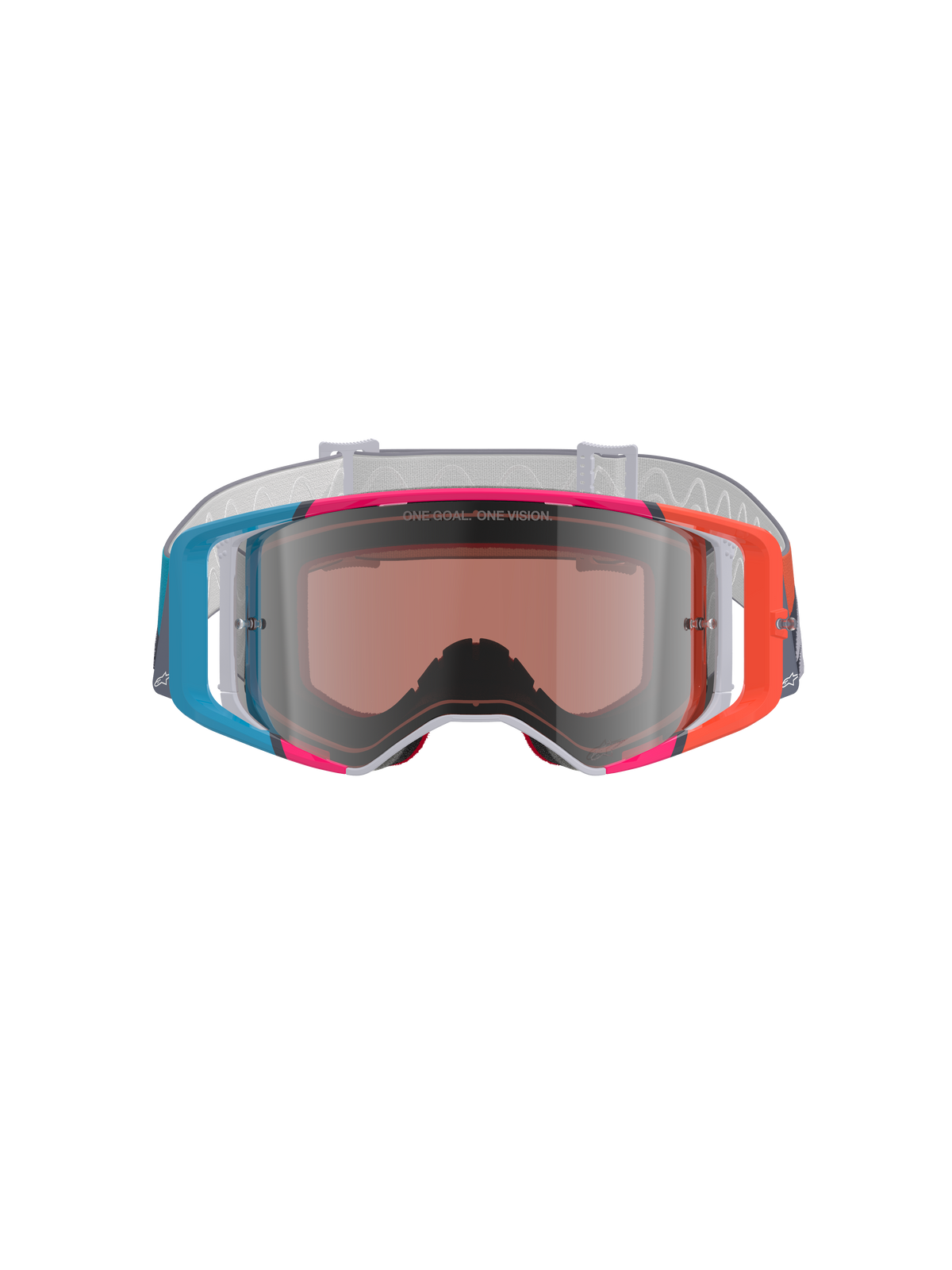 Gafas Alpinestars Supertech Stream, gafas de motocross, montura vibrante multicolor con detalles en azul, naranja y rosa, lente Silver Mirror con el texto 'ONE GOAL. ONE VISION.', correa blanca estampada, protección ocular de alto rendimiento para carreras off-road