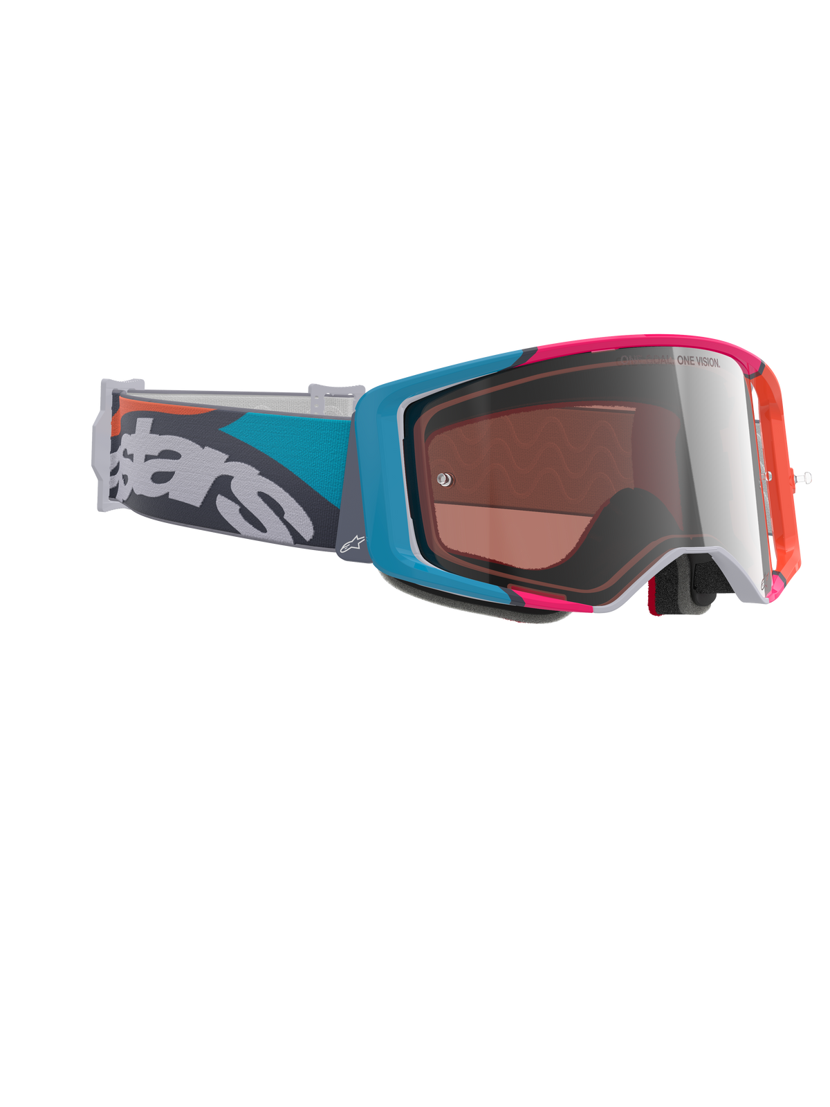 Gafas Alpinestars Supertech Stream, gafas de motocross, montura gris con detalles en azul y rosa, lente Silver Multi Mirror, correa en verde azulado y gris con logotipo blanco destacado, gafas de alto rendimiento para carreras off-road
