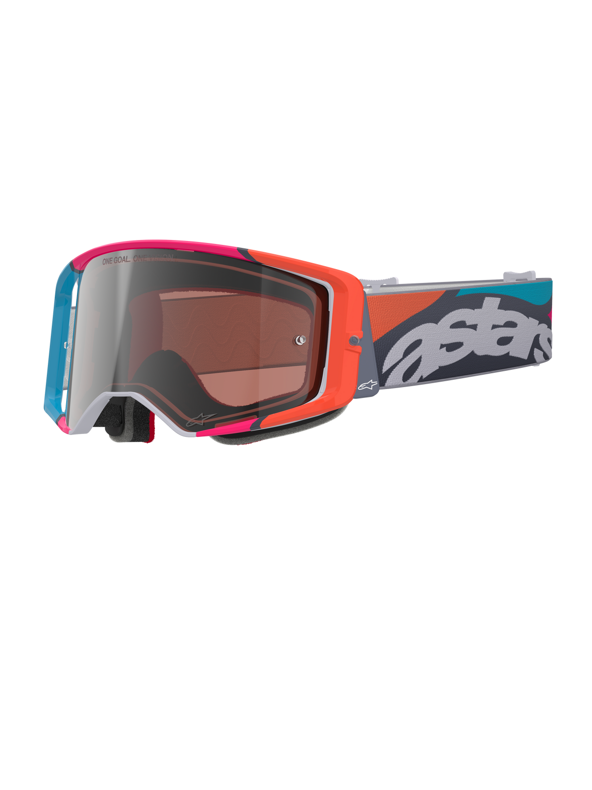Gafas Alpinestars Supertech Stream, montura gris con detalles vibrantes en rojo y azul, lente Multi Mirror Silver, acolchado de espuma gruesa, correa ajustable con logotipo 'astars' blanco y patrones geométricos coloridos, protección ocular profesional para motocross