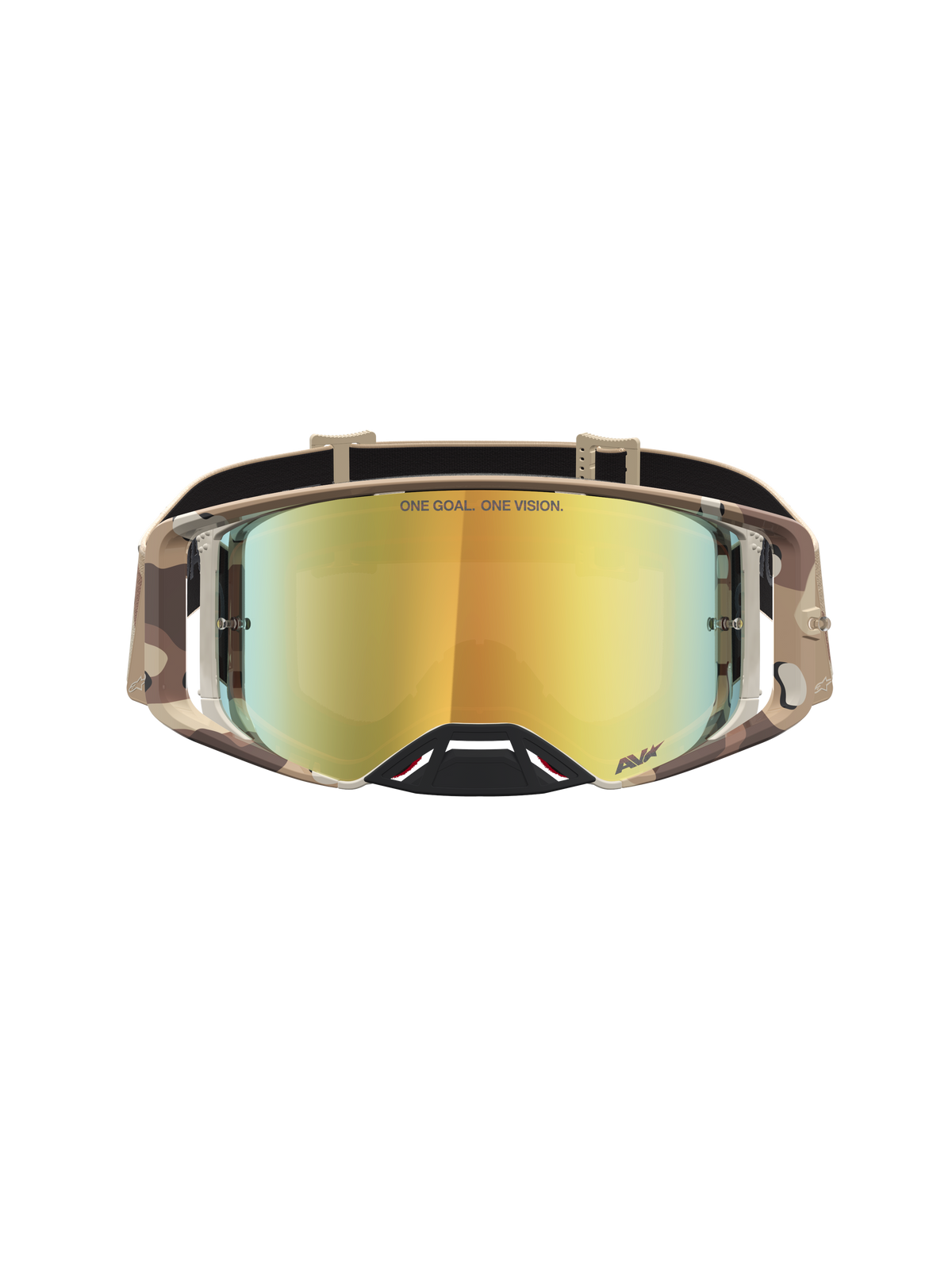 Alpinestars Supertech Lone, gafas de motocross de alto rendimiento, montura en camuflaje desierto y lente de espejo dorada, diseñadas para competición off-road.