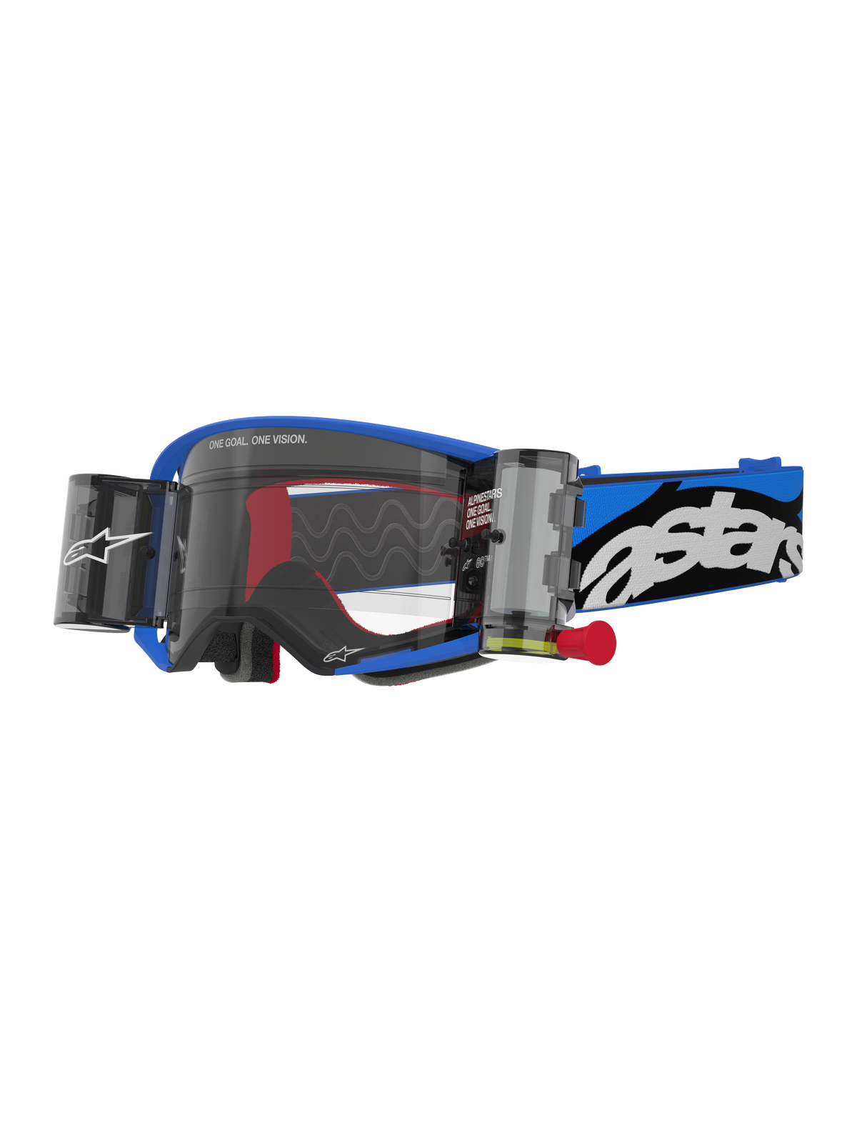 Alpinestars Supertech Stream Goggles, gafas de motocross, montura azul con lente transparente y depósitos de roll-off integrados, detalles internos rojos, correa azul y negra con logotipo blanco llamativo, gafas profesionales para carreras todoterreno