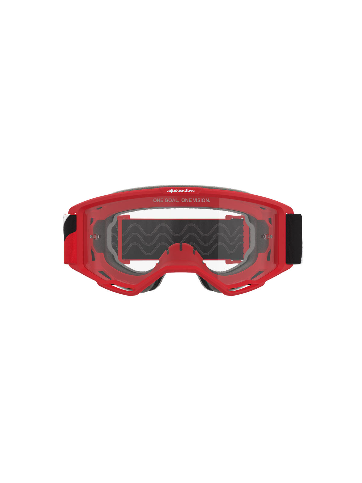 Alpinestars Vision Goggles OTG, gafas de motocross, montura roja con lente transparente antivaho, vista frontal con el eslogan 'ONE GOAL. ONE VISION.', correa negra ancha, protección ocular de alto rendimiento para carreras off-road
