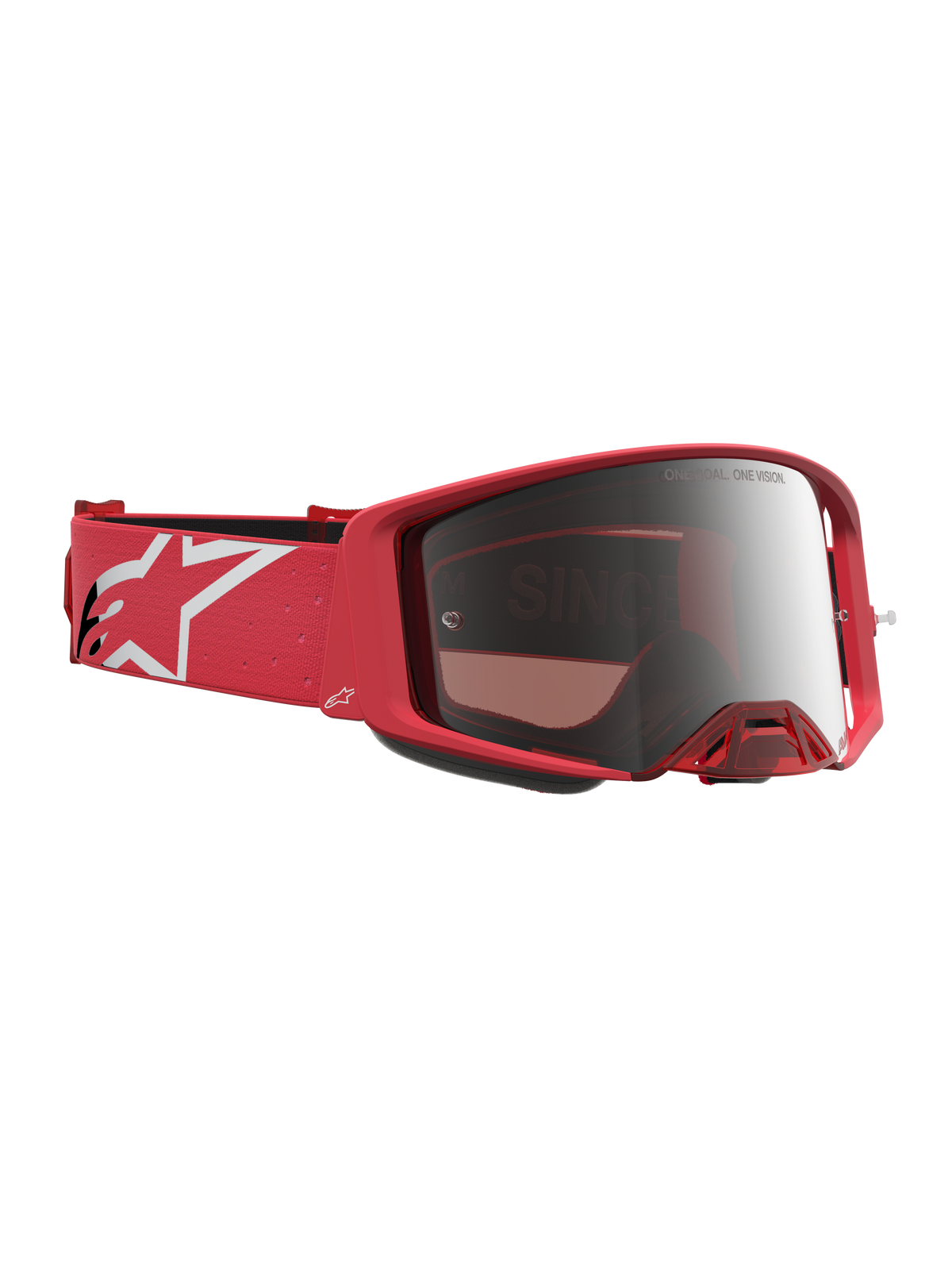 Alpinestars Supertech Vesta, gafas de motocross, rojo fluorescente y plateado espejo, correa con logo de estrella blanca.