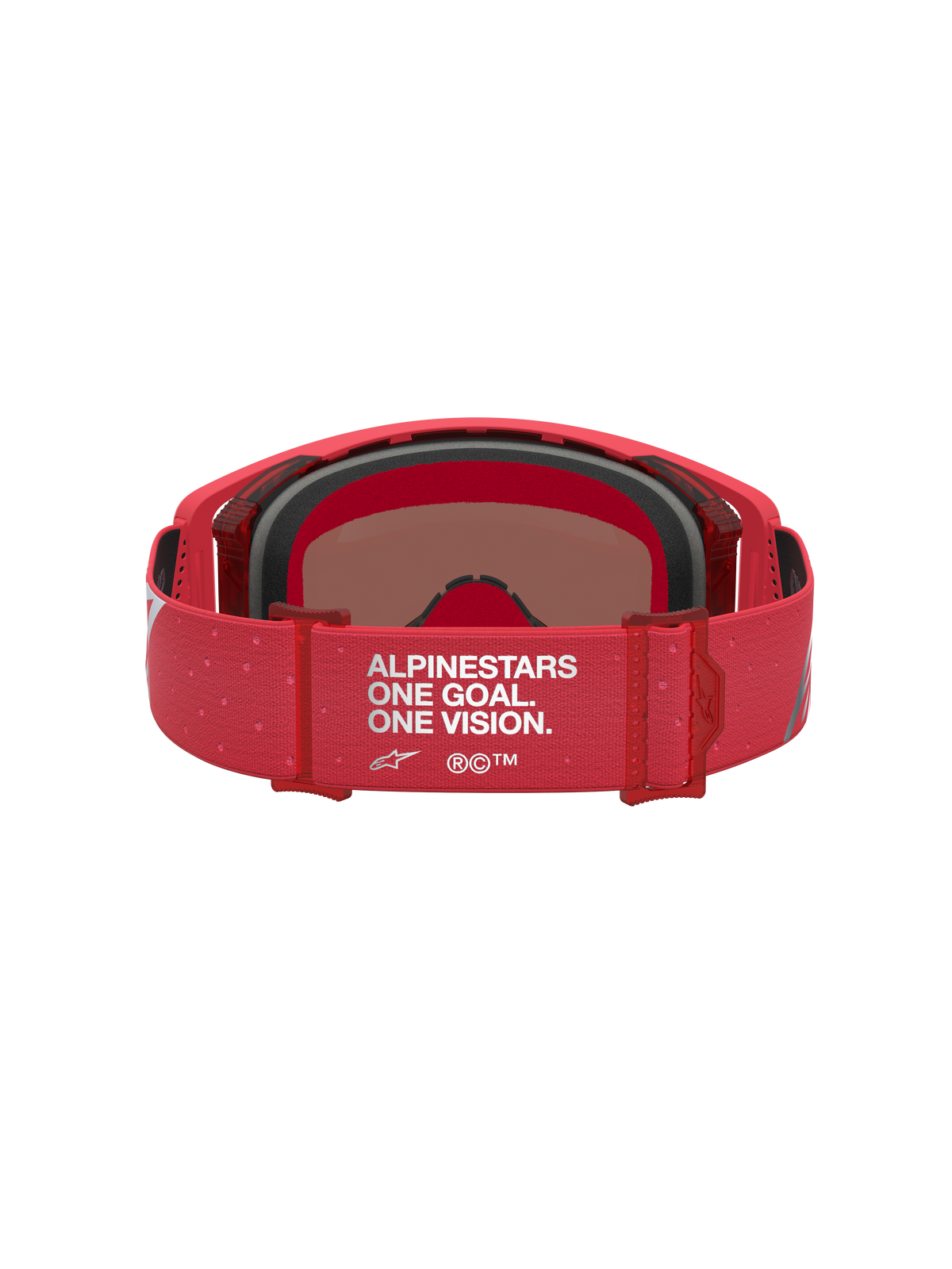 Gafas Alpinestars Supertech Vesta de motocross, rojo flúor y plateado, correa ajustable con lema One Goal One Vision.