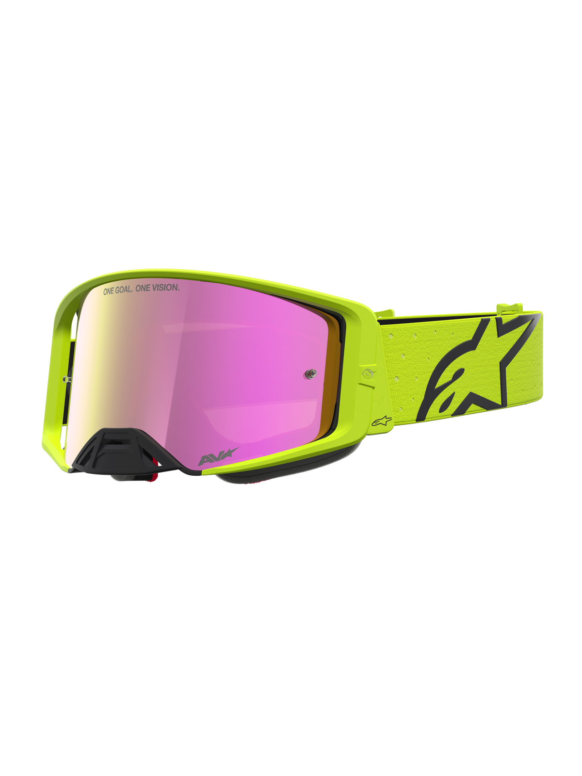 Gafas Alpinestars Supertech Vesta de motocross, amarillo flúor y negro, con lente de espejo rosa para conducción off-road.