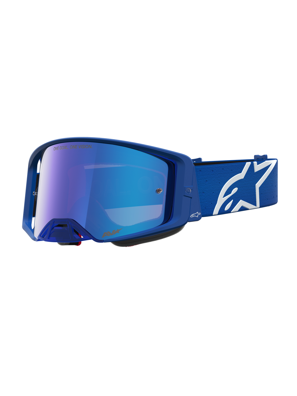 Alpinestars Supertech Vesta Motocross Goggles in Blithe Blue and White featuring a Mirror Blue lens and adjustable star strap.