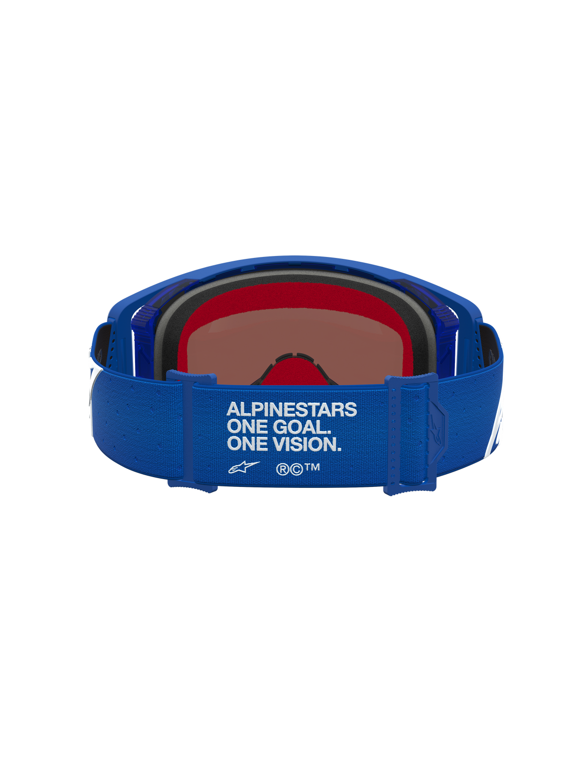 Alpinestars Supertech Vesta Goggles in blue and white for motocross, featuring a branded strap and mirror blue lens.