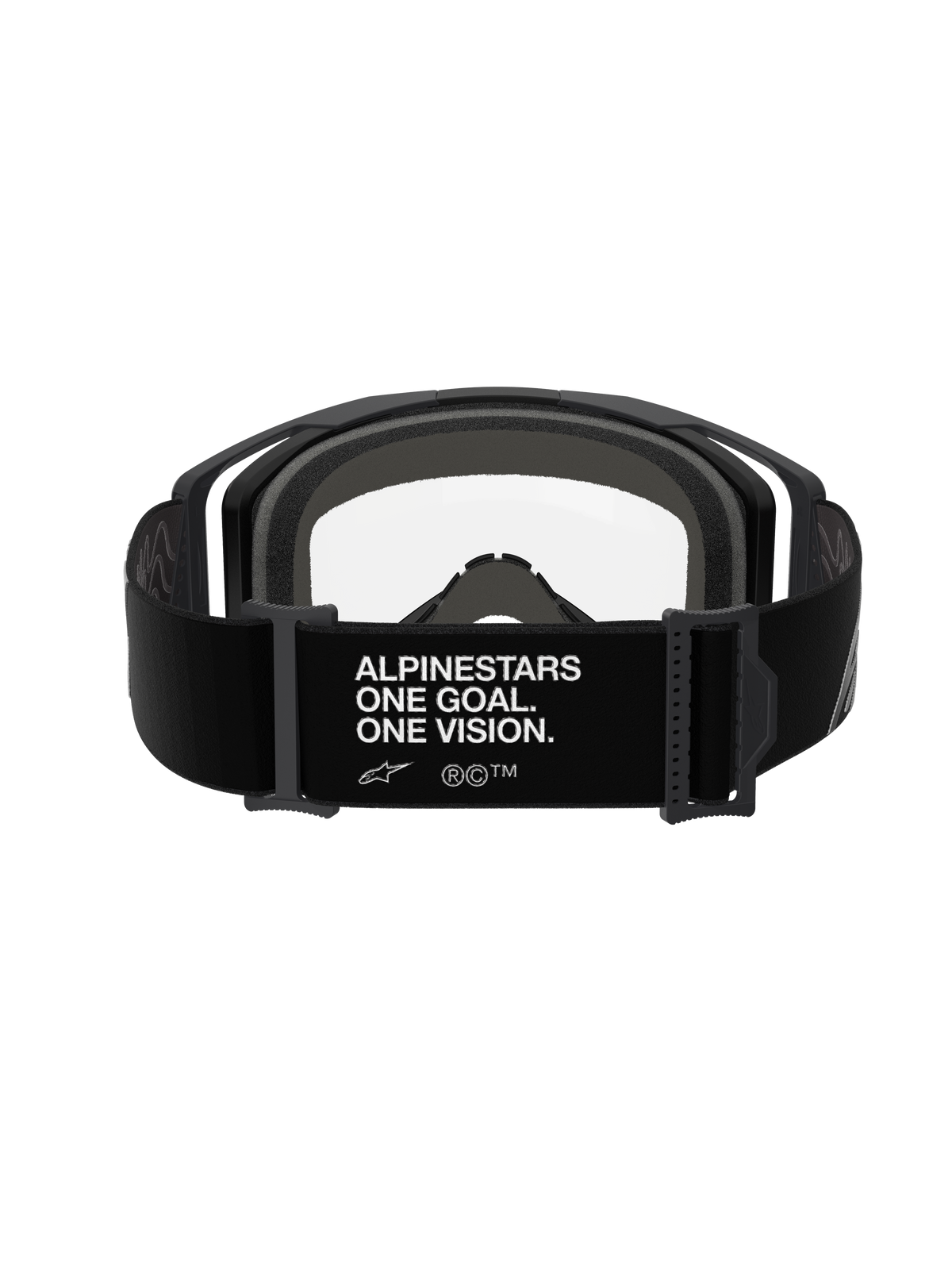Gafas Alpinestars Vision 8 Corp, Black Clear, vista trasera con correa ajustable negra y texto blanco 'ALPINESTARS ONE GOAL. ONE VISION.', espuma facial gris de varias capas y lente de policarbonato transparente, gafas de motocross de alto rendimiento