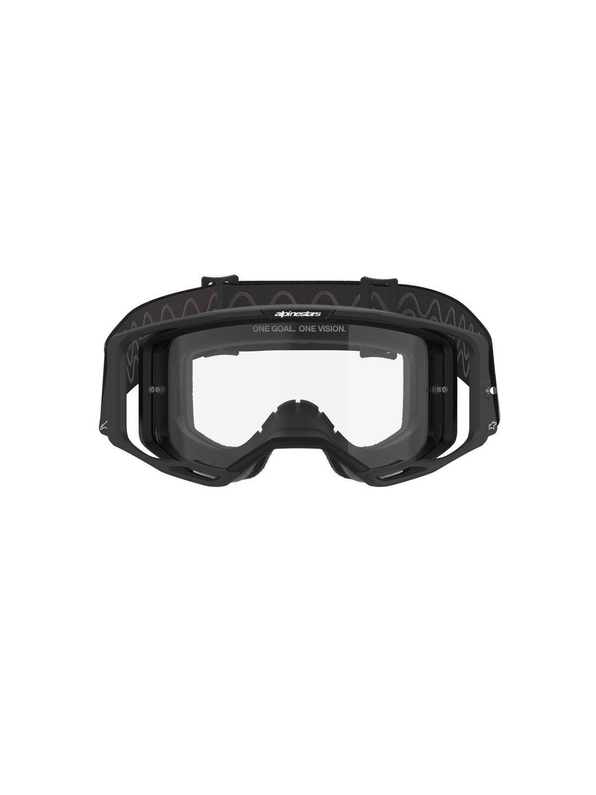 Gafas Alpinestars Vision 8 Corp, gafas de motocross, montura negra con lente transparente, vista frontal que muestra el diseño de visión amplia, soportes laterales integrados y correa tejida con la marca Alpinestars, protección ocular profesional para carreras todoterreno