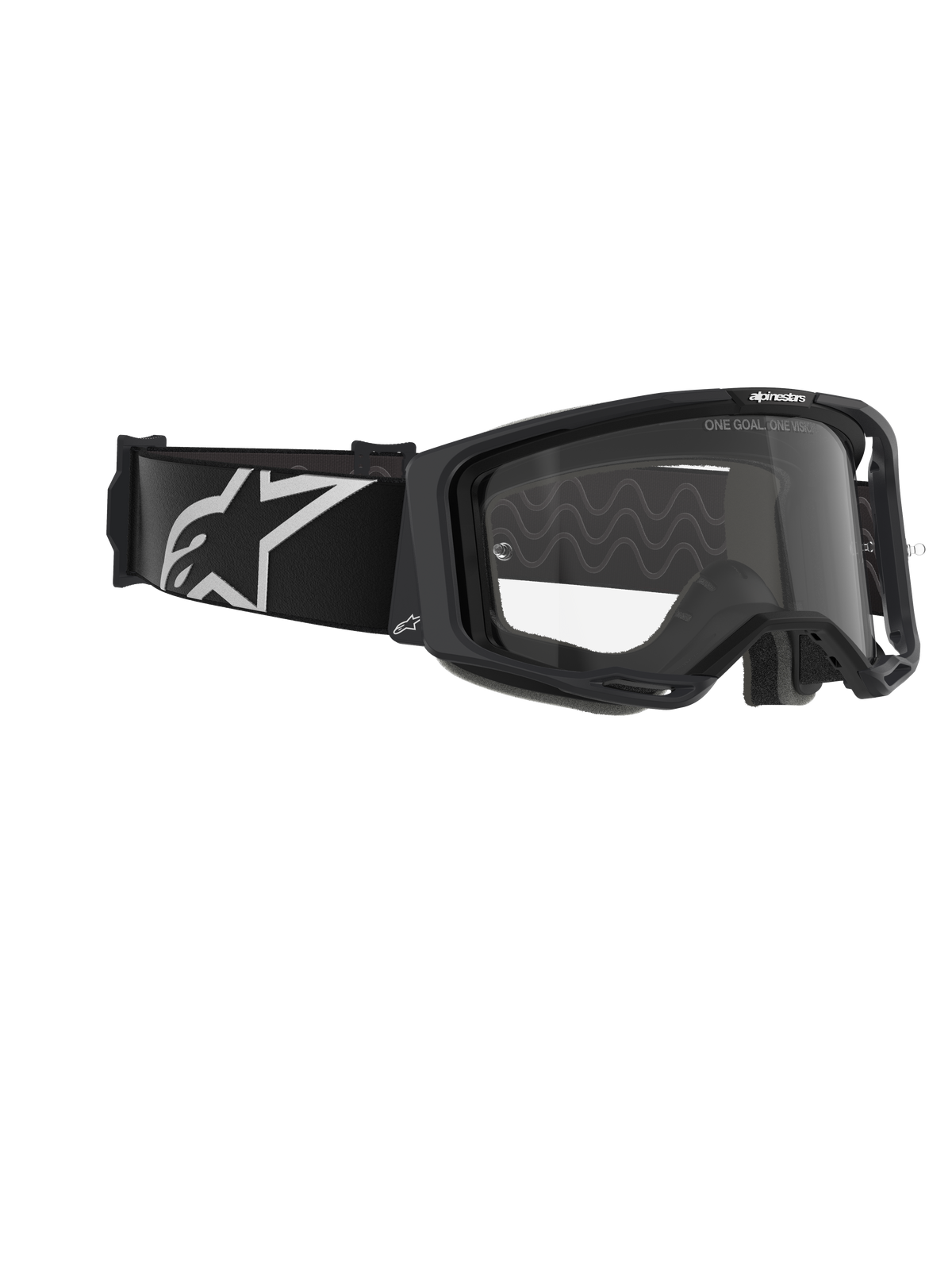Gafas Alpinestars Vision 8 Corp, gafas de motocross, montura negra con lente transparente, correa ancha tejida en negro con el logotipo A-star en blanco, protección ocular transparente con el texto 'ONE GOAL. ONE VISION.', diseño de competición profesional para rendimiento off-road