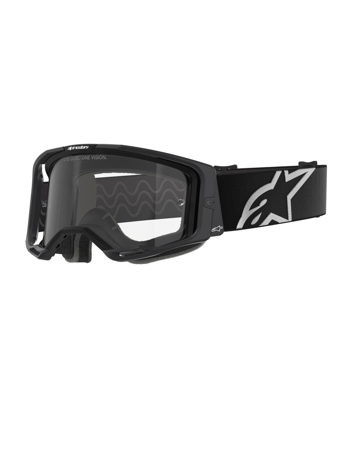 Alpinestars Vision 8 Corp, gafas de motocross, montura negra con lente transparente, correa ajustable negra ancha con el logotipo de la estrella blanca de Alpinestars, espuma facial moldeada en 3D visible, protección ocular profesional para carreras off-road