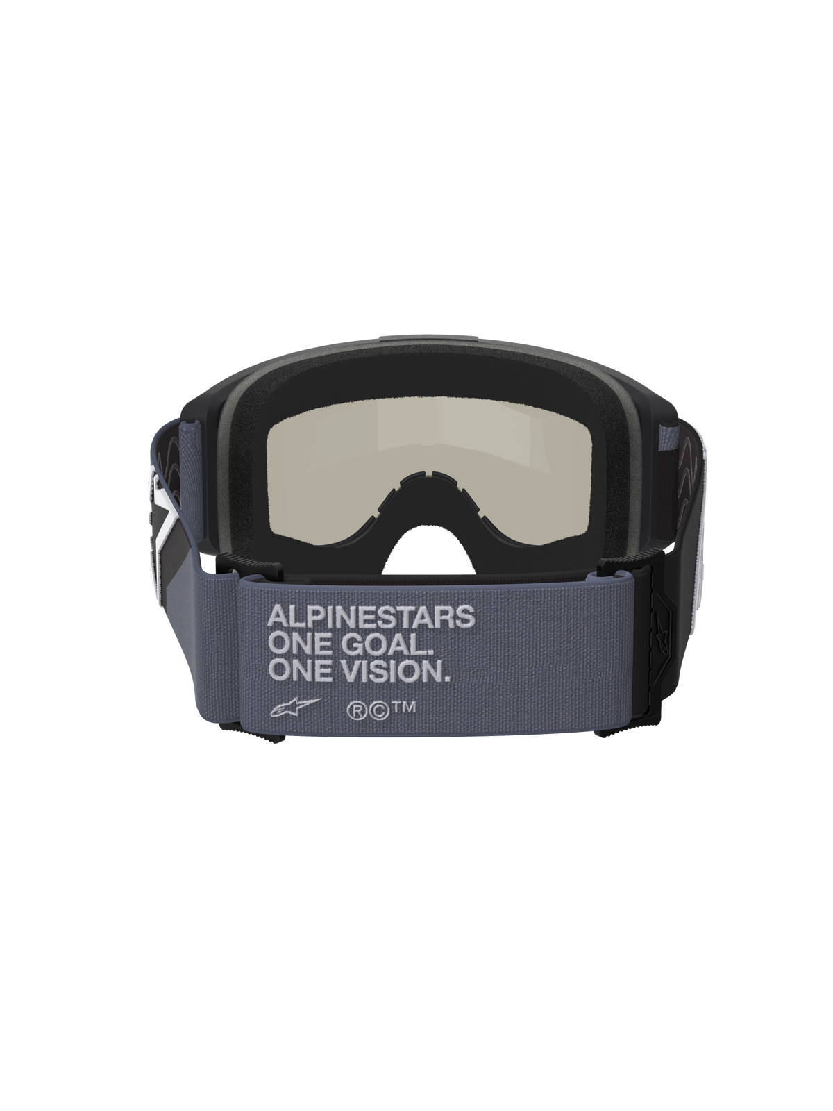 Alpinestars Vision Sand Goggles, Motocross Goggles, Black and Gray, Rear view showing the wide gray strap with 'Alpinestars One Goal. One Vision.' text, black multi-layer face foam, and dark smoke lens, off-road desert riding gear