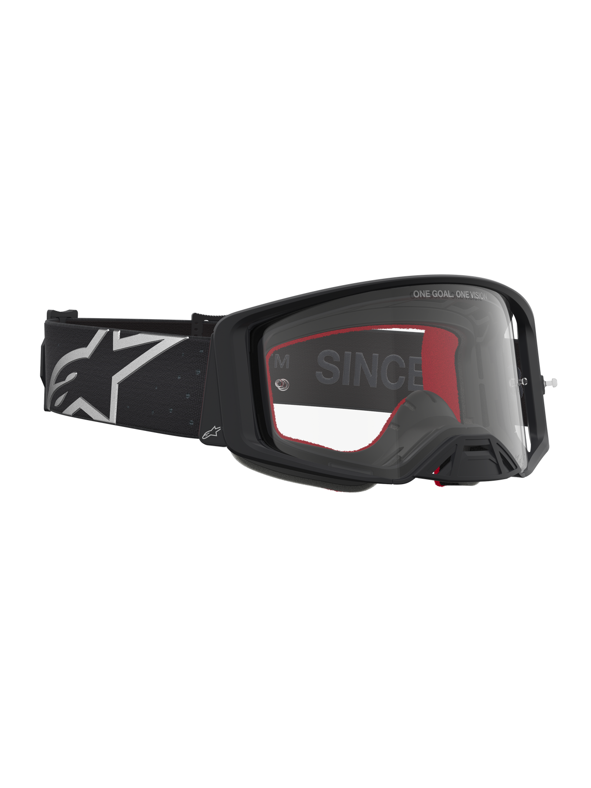 Alpinestars Supertech Vesta, gafas de motocross, negro mate y plateadas, con lente transparente y montura ligera para off-road.