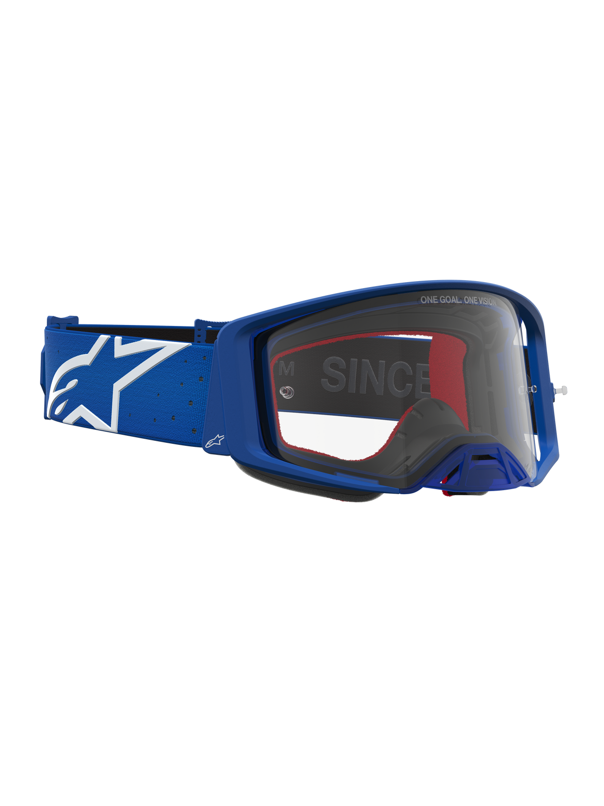 Alpinestars Supertech Vesta Goggles, blue and white motocross goggles with clear polycarbonate lens and logo strap.