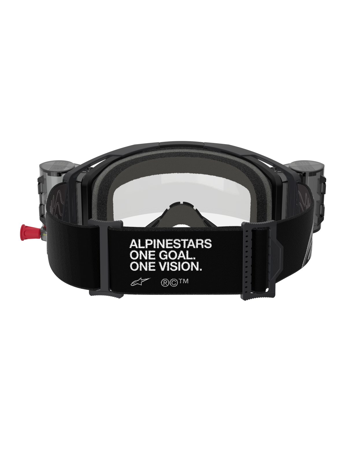 Gafas Alpinestars Vision 8 Corp Roll Off, vista trasera, correa negra con el eslogan blanco 'ALPINESTARS ONE GOAL. ONE VISION.', botes de roll-off integrados, lente transparente y acolchado de espuma para motocross