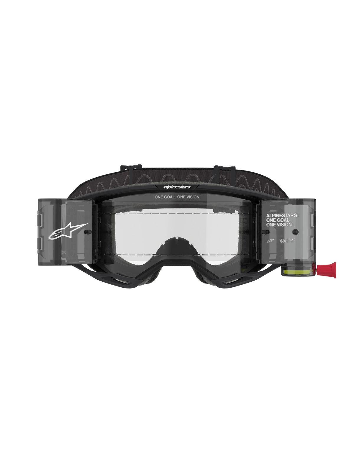 Alpinestars Vision 8 Corp Goggles Roll Off, gafas de motocross, montura negra con lente transparente, sistema roll-off integrado con depósitos translúcidos y correa negra ancha con logotipo, protección ocular profesional para competición