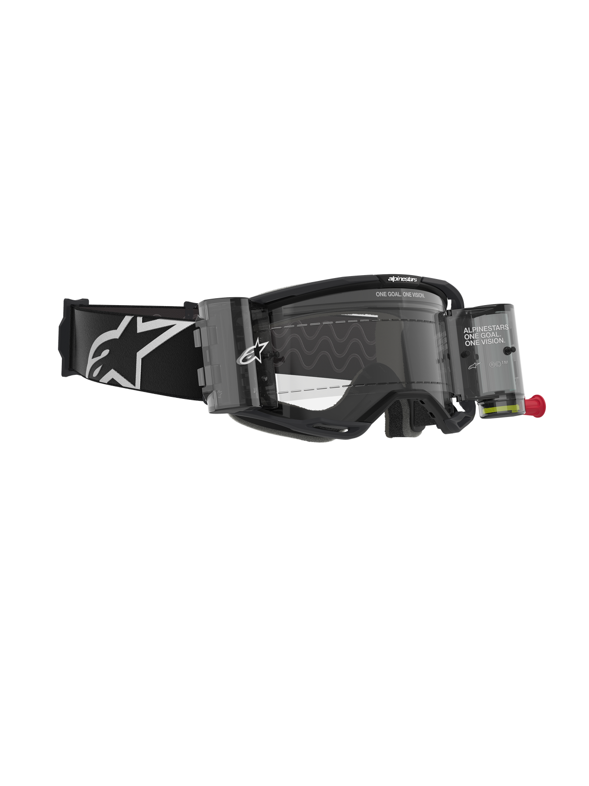 Gafas Alpinestars Vision 8 Corp, gafas de motocross con sistema Roll-Off, negro y transparente, con canisters de película transparentes, lente transparente y correa ancha negra con un logotipo de Alpinestars grande en blanco