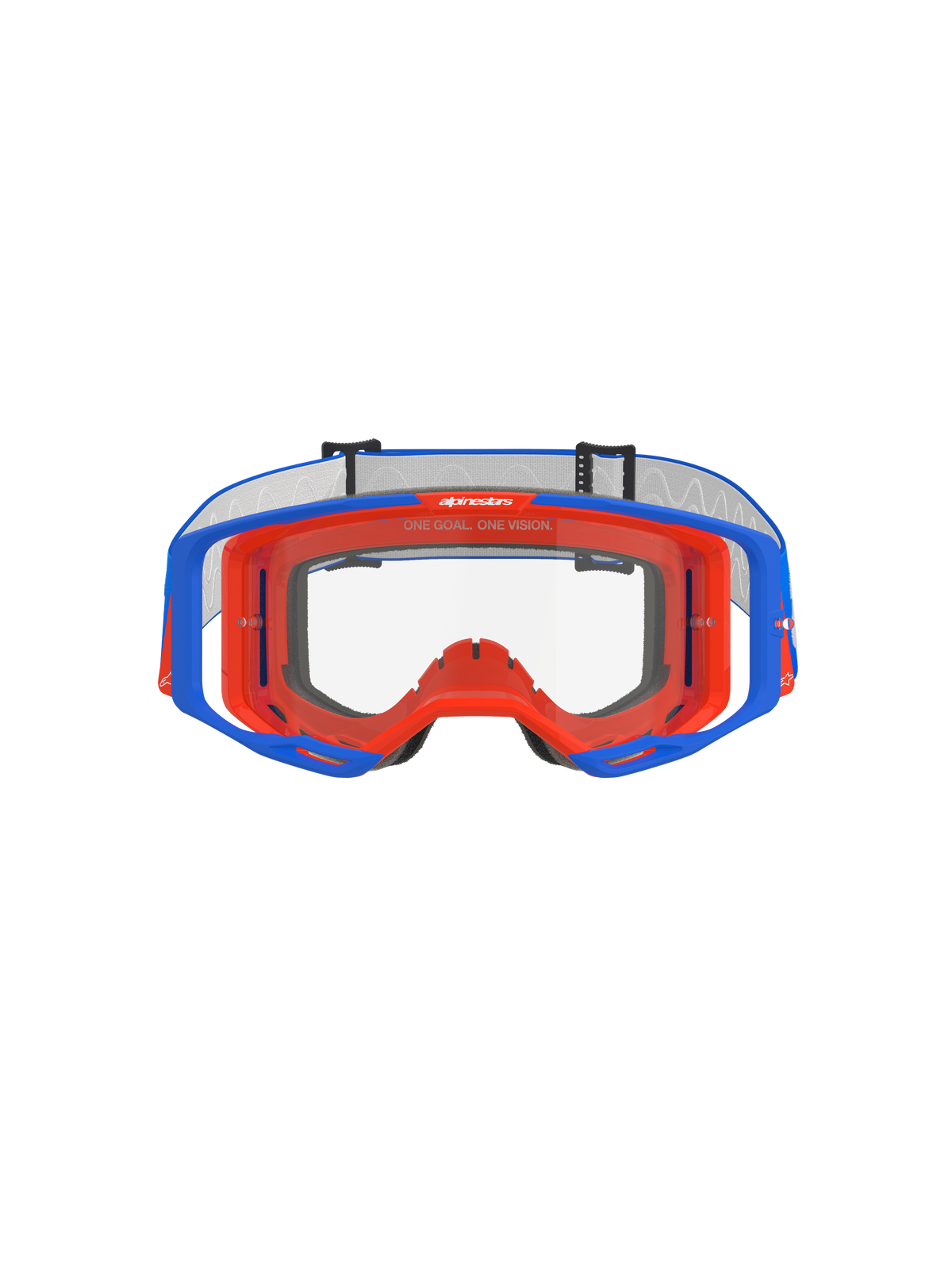 Gafas Alpinestars Vision 8 Wordmark, gafas de motocross, azul y naranja con lente transparente, vista frontal, con montura flexible de dos tonos, diseño de lente periférica amplia y marca 'One Goal. One Vision.' en la parte superior del marco interno.