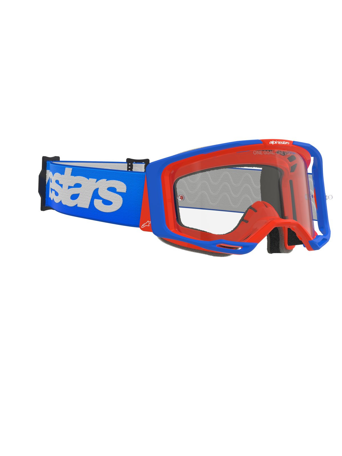 Gafas Alpinestars Vision 8 Wordmark, gafas de motocross, azul y naranja, lente transparente antiempañante, correa azul ancha con marca Alpinestars blanca, montura angular con sistema de soporte, protección ocular de alto rendimiento para competición todoterreno