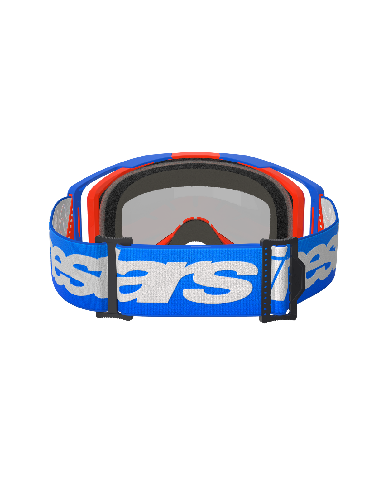 Gafas Alpinestars Vision 8 Wordmark, gafas de motocross, azul, naranja y espejo rojo, vista trasera con correa tejida azul, logotipo Alpinestars en blanco, espuma facial interna moldeada en 3D y hebillas de ajuste negras