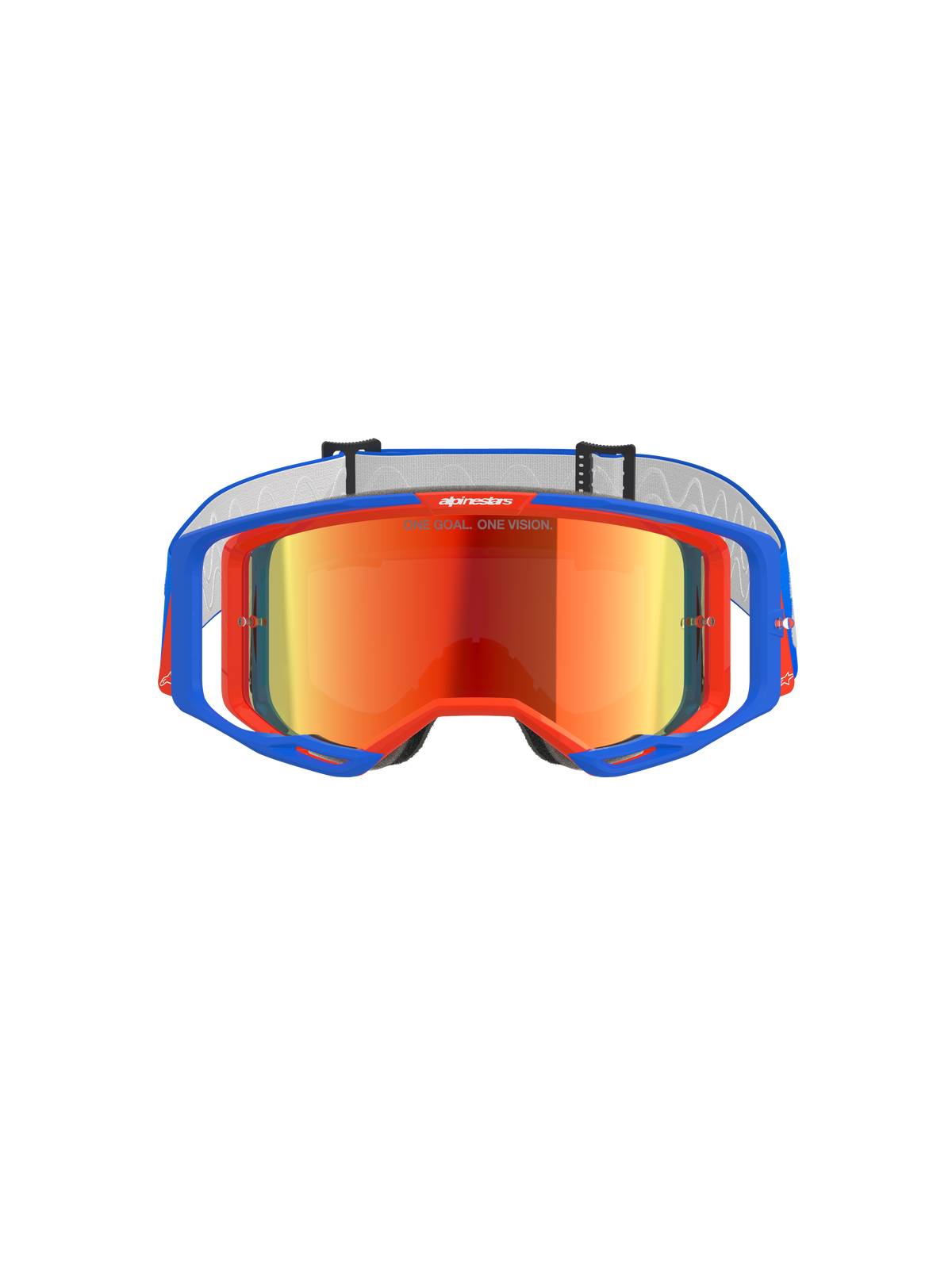 Gafas Alpinestars Vision 8 Wordmark, gafas de motocross, azul y naranja con lente de espejo roja, con un amplio campo de visión y montura A-FLEX de alto rendimiento para carreras todoterreno.