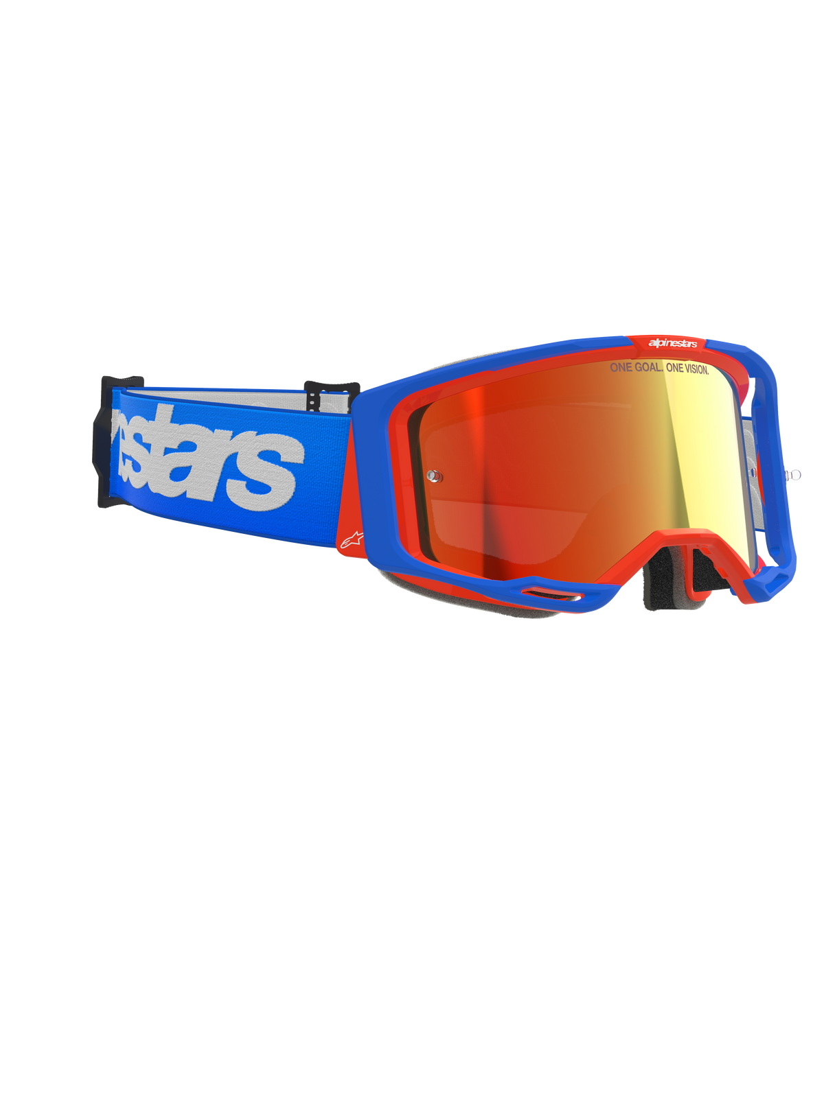 Gafas Alpinestars Vision 8 Wordmark, gafas de motocross, montura azul y naranja con lente de espejo roja, correa azul con logotipo grande de Alpinestars en blanco, gafas protectoras de alto rendimiento para carreras todoterreno