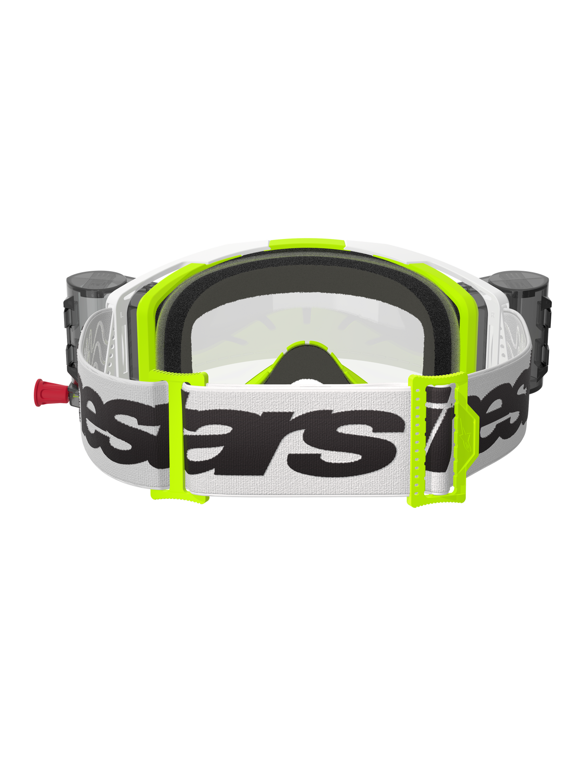 Alpinestars Vision 8 Wordmark Goggles Roll Off, gafas de motocross, blanco y amarillo fluorescente, vista trasera que muestra la correa blanca con logotipo negro, hebillas amarillo neón, espuma facial moldeada en 3D negra y botes del sistema roll-off integrado