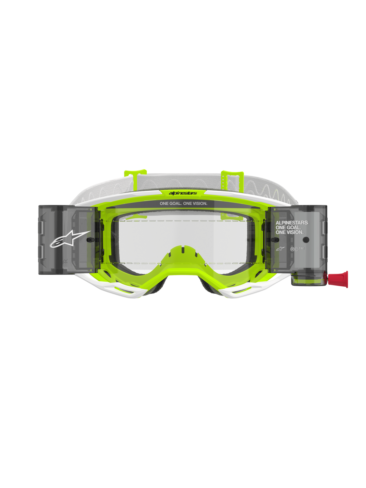 Gafas Alpinestars Vision 8 Wordmark Roll Off, montura blanca y amarillo flúor, lente clara con contenedores de sistema roll-off integrados, correa tejida blanca con el lema 'ONE GOAL. ONE VISION.', protección ocular profesional para motocross